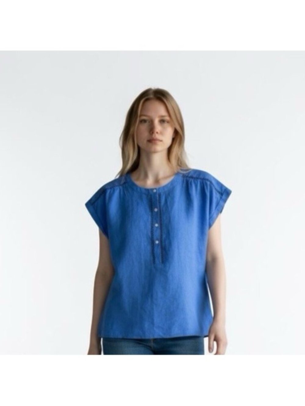 Ann Taylor 100% Linen Cap Sleeve Round Neck Popover Top Blue Size Medium